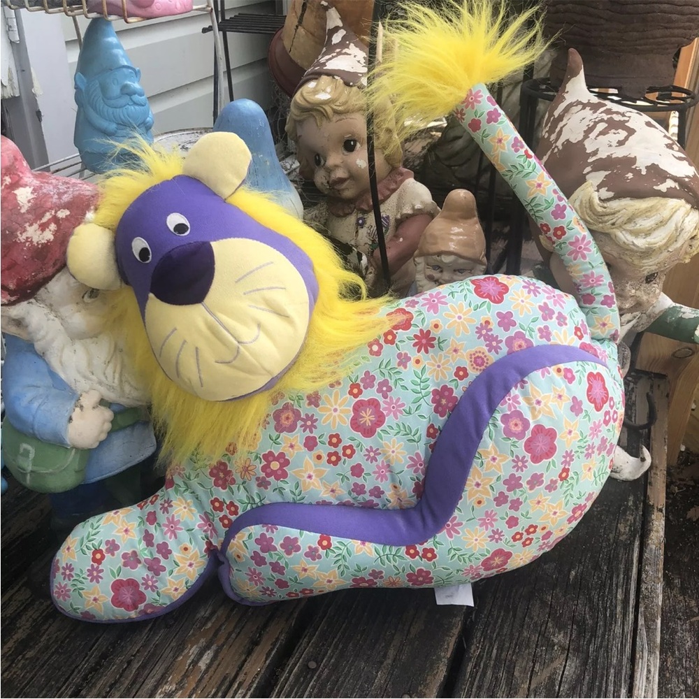 Pier One Imports Floral Lion Hippy Groovy Plush Pillow Purple Blue Pink Vintage